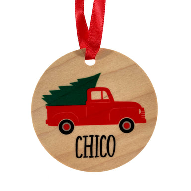 Red Truck and Tree Wooden Chico Ornament    