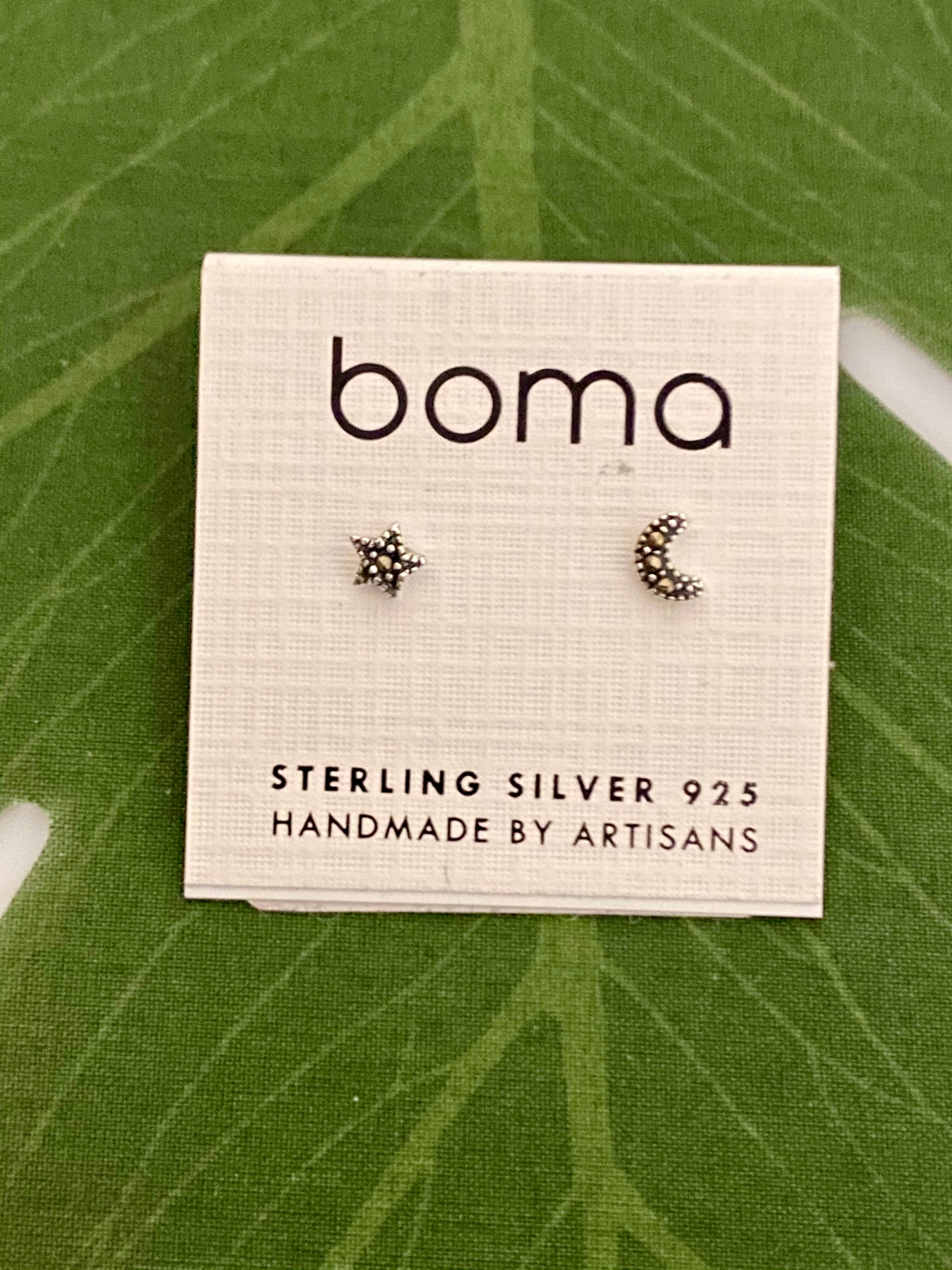 Boma Sterling Silver Post Earrings - Marcasite Moon and Star    