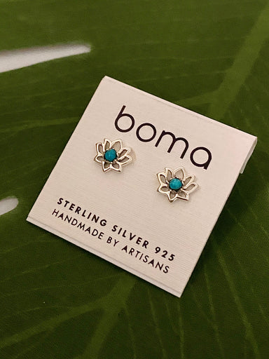 Boma Sterling Silver Post Earrings - Lotus Flower With Turquoise    