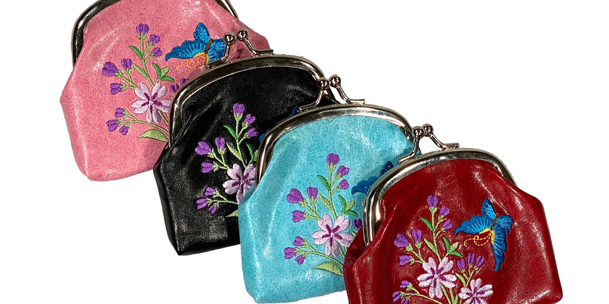 Lavishy Embroidered Butterfly & Cherry Blossom - Vegan Coin Purse Black / .