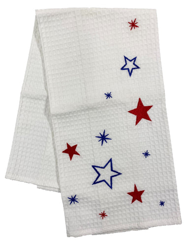 Embroidered Red, White and Blue Stars Waffle Weave Dishtowel    