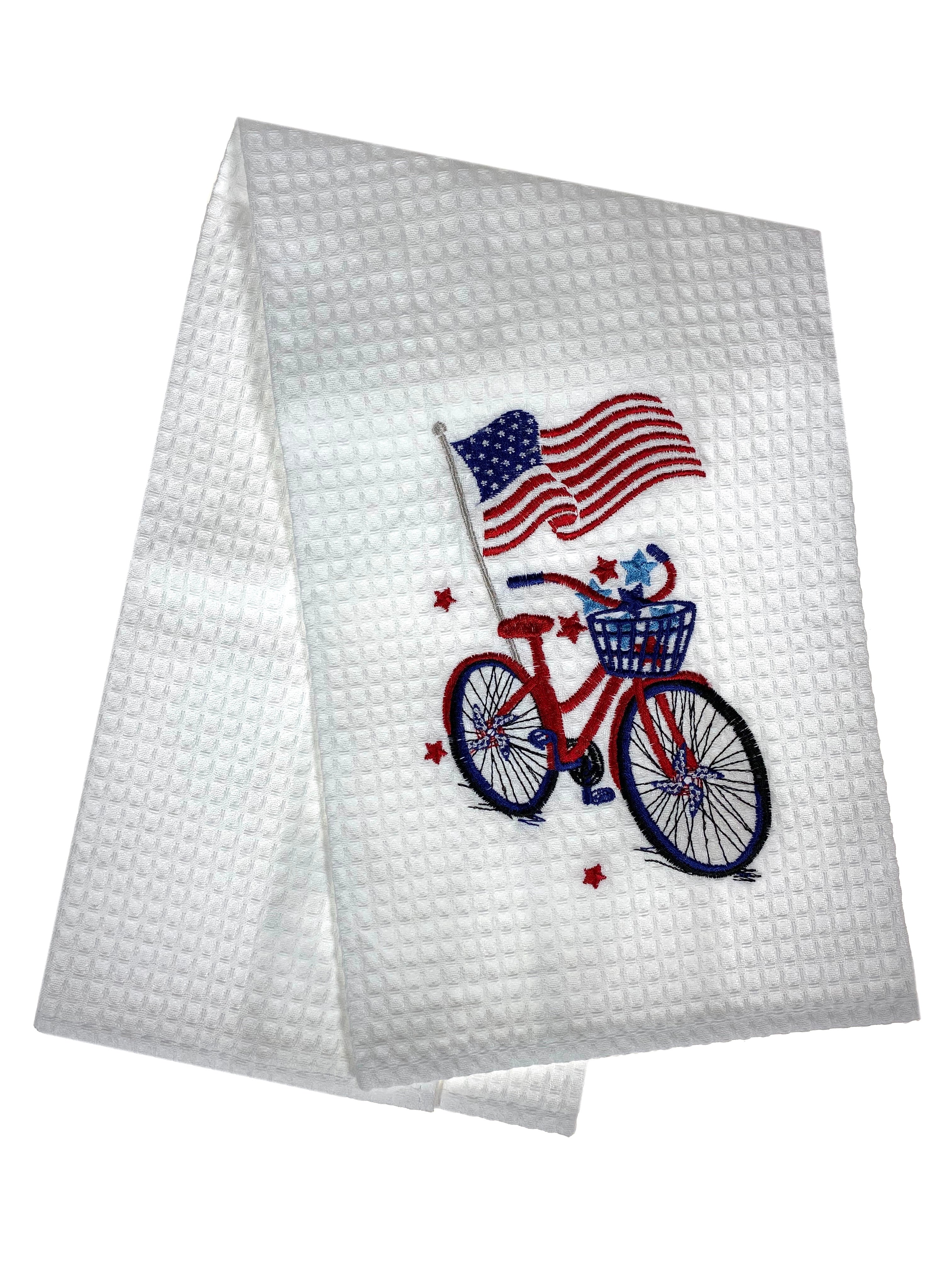 Embroidered Bike And Flag Waffle Weave Dishtowel    