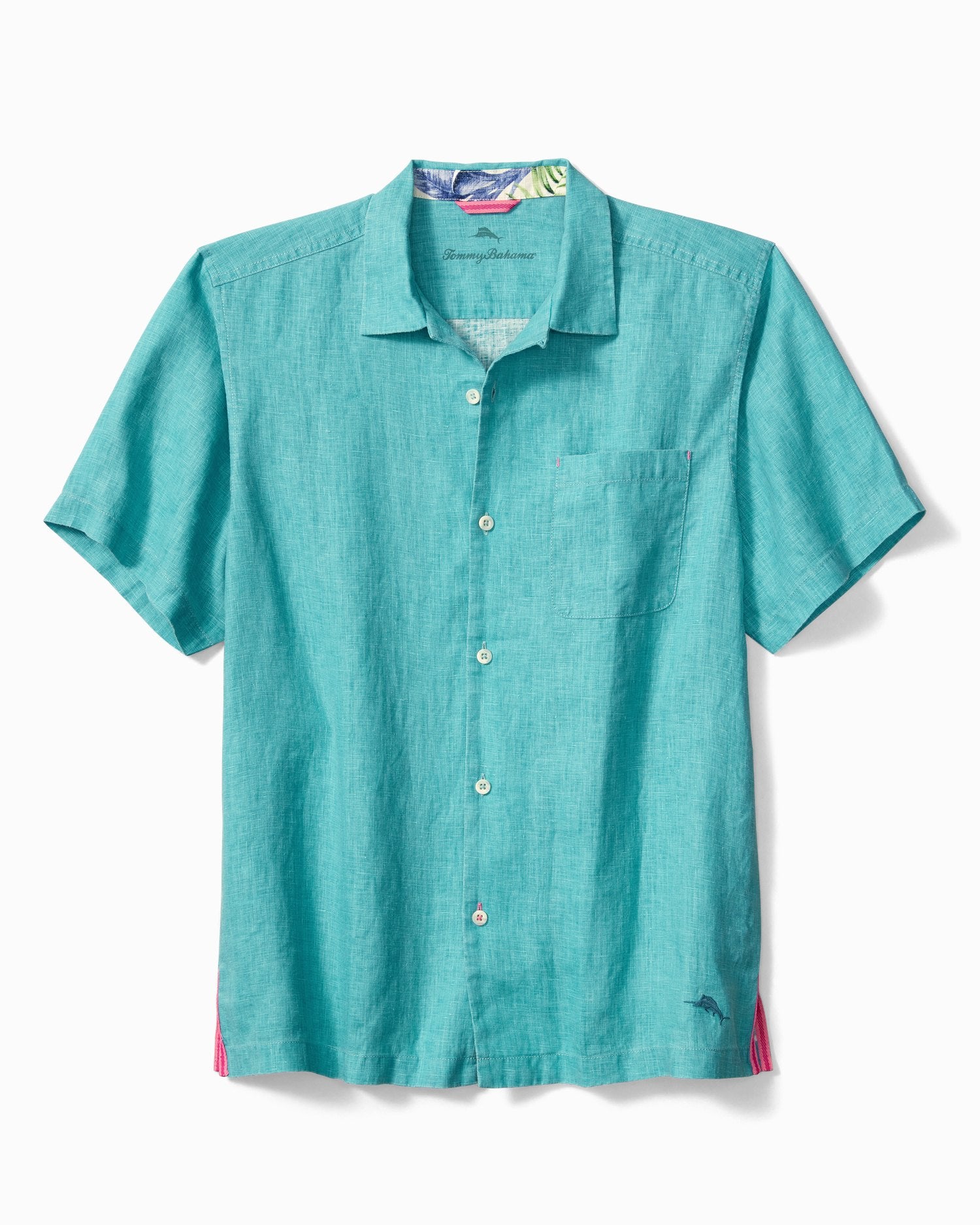 Tommy Bahama Short Sleeve Sea Glass Linen Camp Shirt Blue Hot Spring S  
