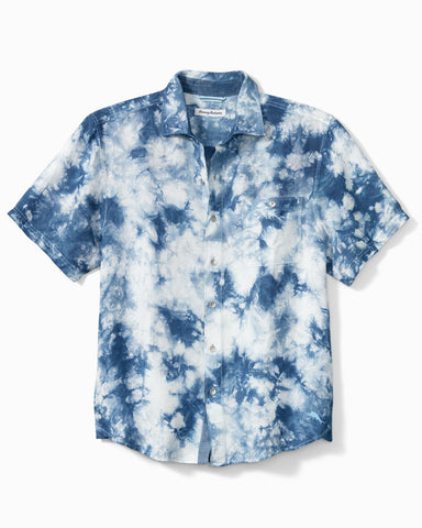 Tommy Bahama Poolside Tie Dye Linen-Blend Camp Shirt Blues M  023791043414