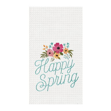 Happy Spring Embroidered Waffle Weave Kitchen Towel    