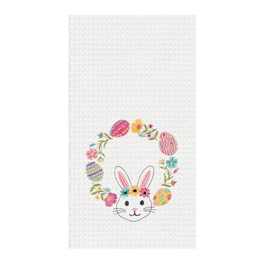 Bunny Egg Wreath Embroidered Waffle Weave Kitchen Towel    
