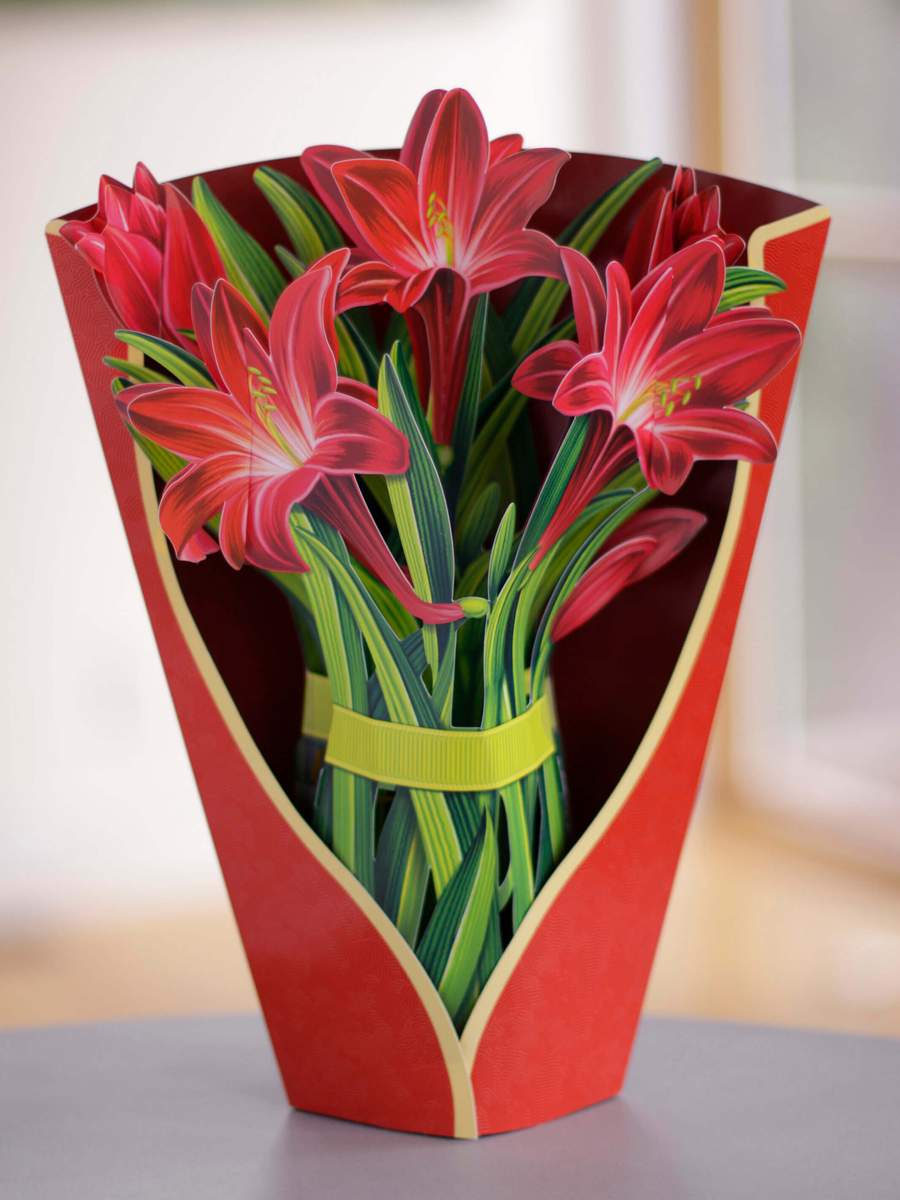 Pop Up Flower Bouquet Greeting Card - Red Amaryllis    