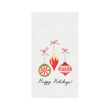Happy Holidays! Embroidered Ornaments Waffle Weave Kitchen Towel    
