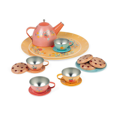 Floral Tin Tea Set With Wooden Cookies    